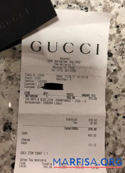 Realistic Gucci brand store receipt sample
